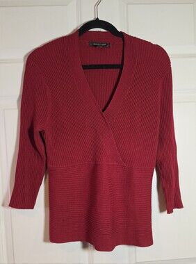 August Silk Deep Red Ribbed V-Neck Women's Sweater Silk Bpend XL